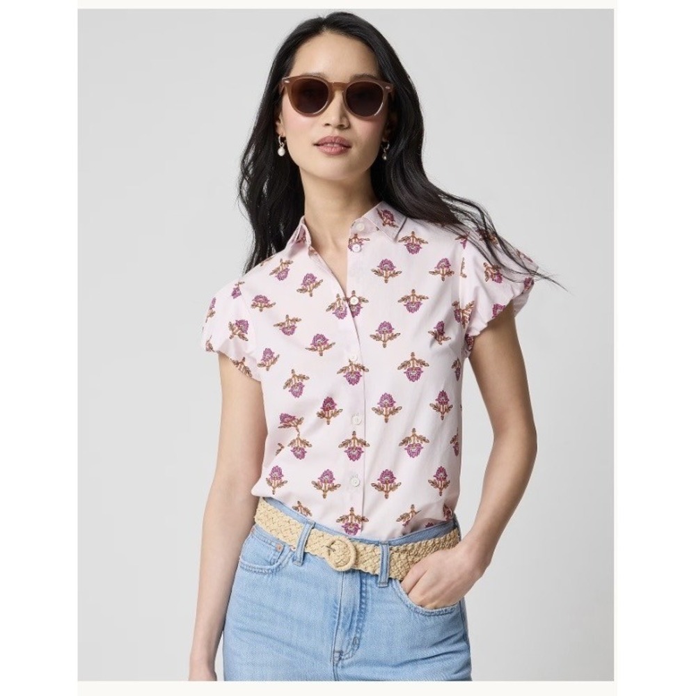 J.Crew Factory Floral Puff Sleeve Top Womens L Pink Opal Cotton Blouse NWT FLAW